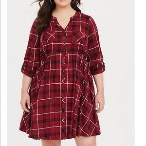 Red Plaid Challis Shirt Dress
